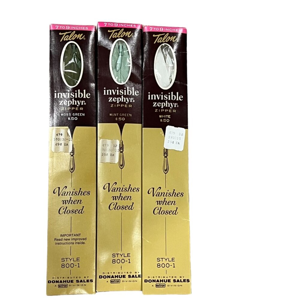 Vintage Talon Invisible Zephyr Zippers 7"-9" White Moss Green & Mint Green Lot o
